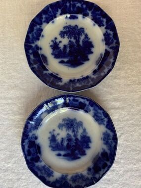 2 Antique J&G Alcock Scinde Flow Blue Plates 9.5” Blue White Transferware